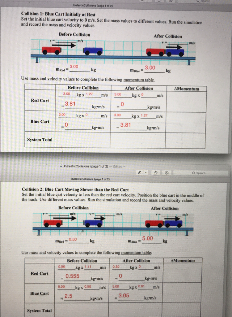 Solved InelasticCollisions Page 1 Of 2 Collision 1 Blue Chegg