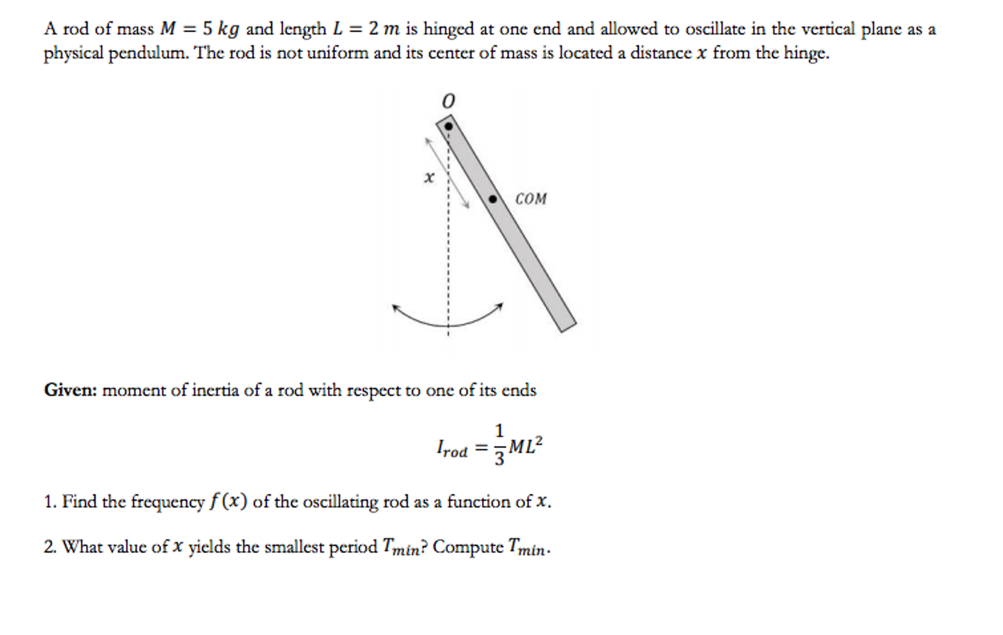 Solved A Rod Of Mass M 5 Kg And Length L 2m Is Hinged