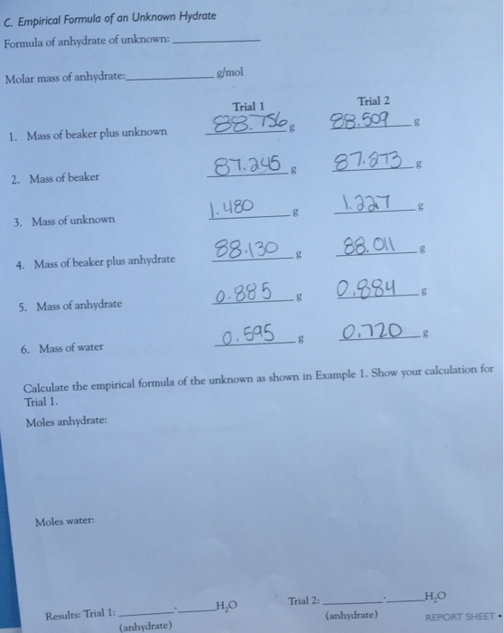 Solved C Empirical Formula Of An Unknown Hydrate Formula Of Chegg