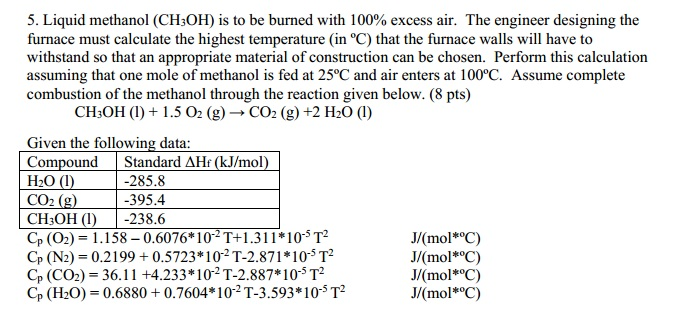 Solved 5 Liquid Methanol CH3OH Is To Be Burned With 100 Excess