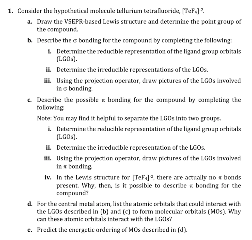 Solved 1 Consider The Hypothetical Molecule Tellurium Chegg