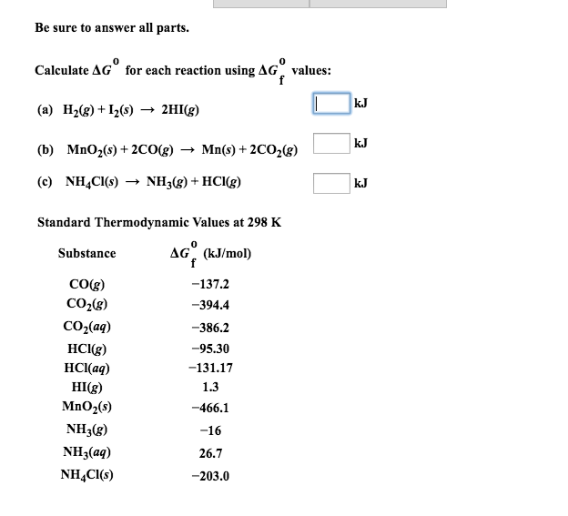 Solved Be Sure To Answer All Parts Calculate G For Each Chegg