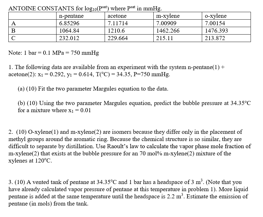 ANTOINE CONSTANTS For Log_10 (P^sat) Where (P^sat)...