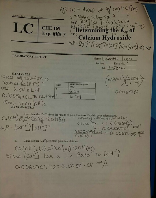 Solved Determining The Ksp Of Calcium Hydroxide Exp 7 Chegg