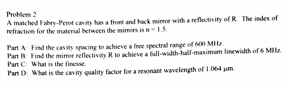 Solved A Matched Fabry Perot Cavity Has A Front And Back Chegg