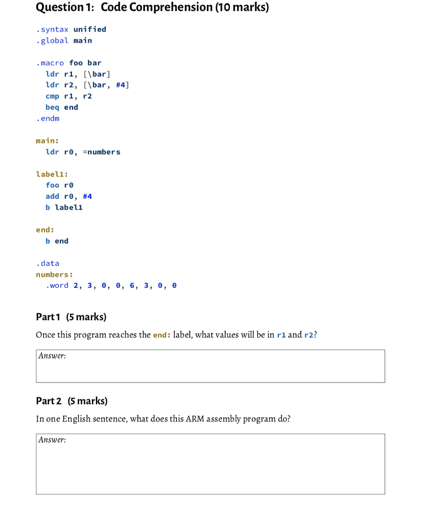 Question Code Comprehension Marks Syntax Chegg