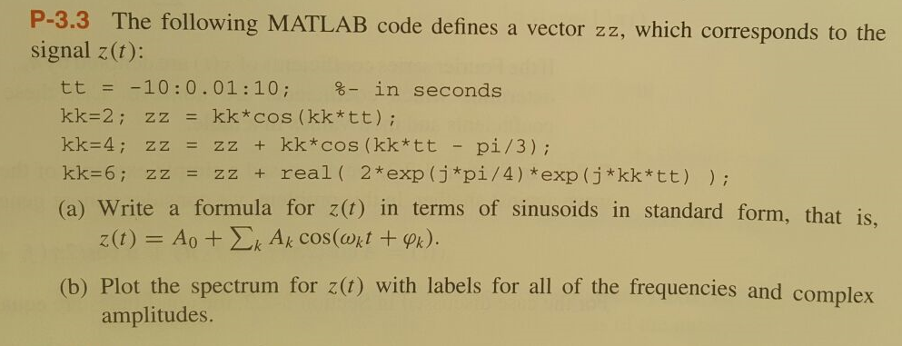 Solved The Following Matlab Code Defines A Vector Zz Which Chegg