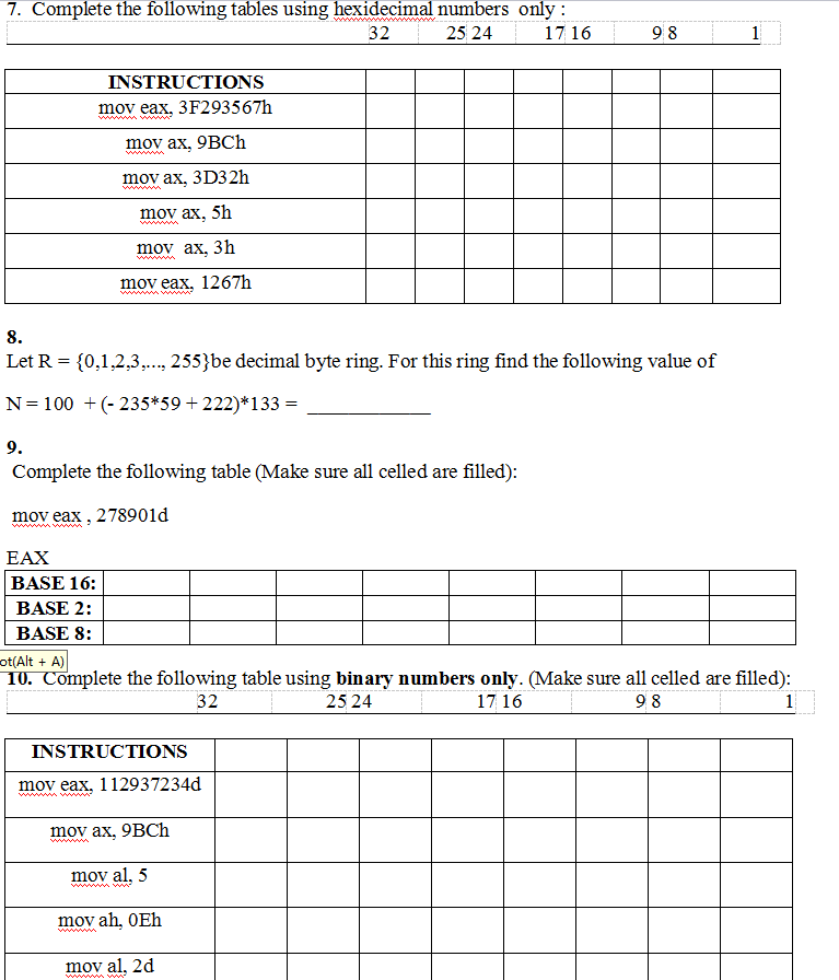 Solved Complete The Following Tables Using Hexadecimal Chegg