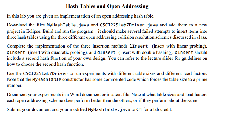 Solved Hash Tables And Open Addressing In This Lab You Are Chegg