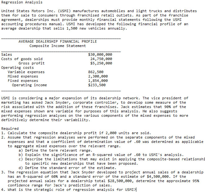 Regression Analysis United States Motors Inc USMI Chegg