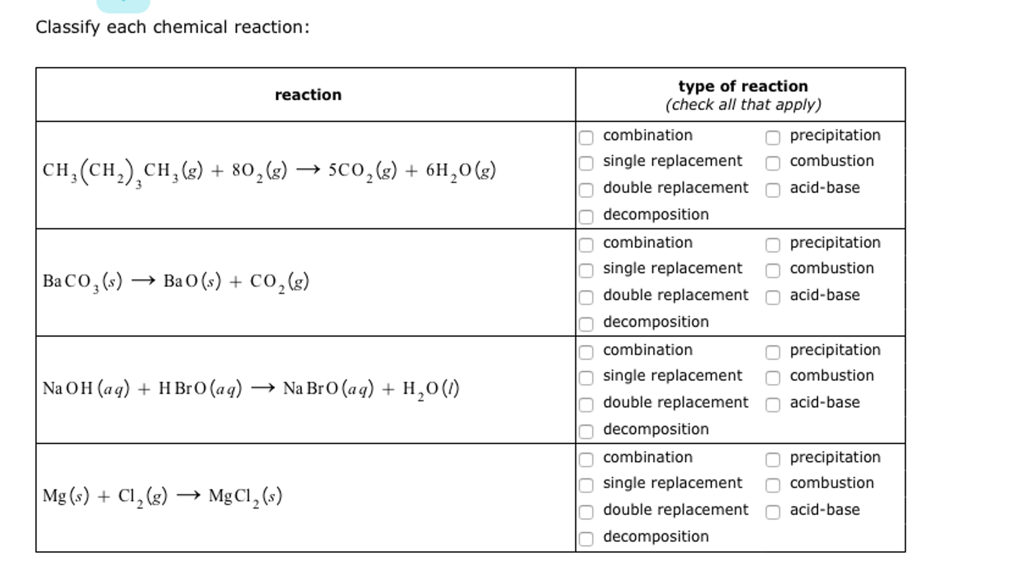 Solved: Classify Each Chemical Reaction: Reaction CH3(CH2)... | Chegg.com