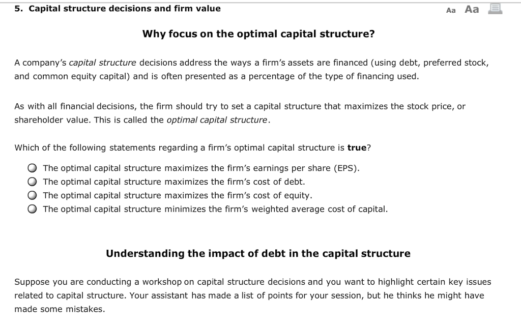 Solved 5 Capital Structure Decisions And Firm Value Aa Aa Chegg