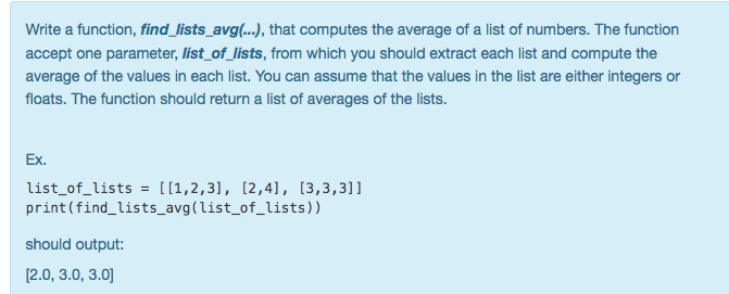 Solved Write A Function Find Lists Avgf That Computes The Chegg