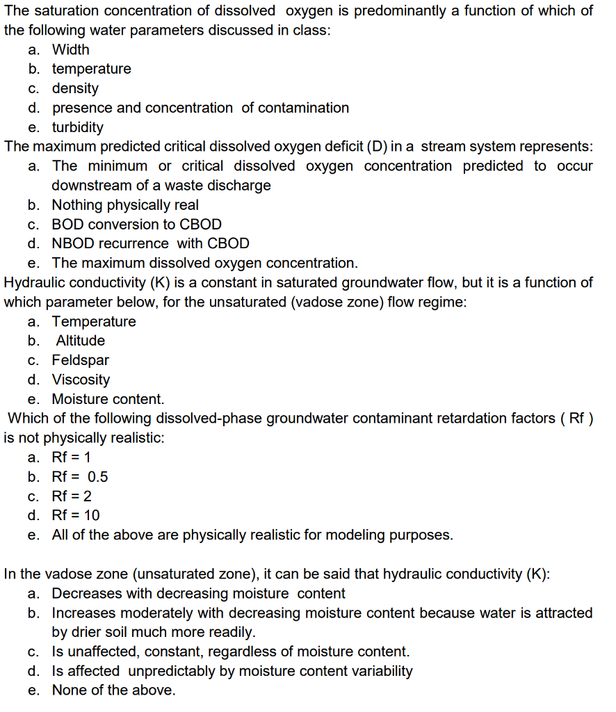 Solved The Saturation Concentration Of Dissolved Oxygen Is Chegg