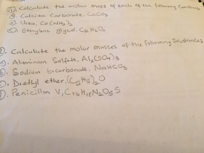 Solved Calculate The Molar Mass Of Each Of The Following Chegg