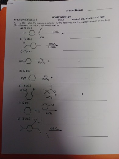 Solved Printed Name HOMEWORK 7 CHEM 2060 Section Chp 9 Chegg