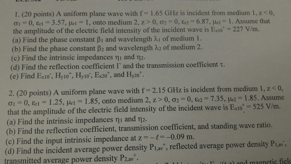 Solved A Uniform Plane Wave With F 1 65 GHz Is Incident Chegg