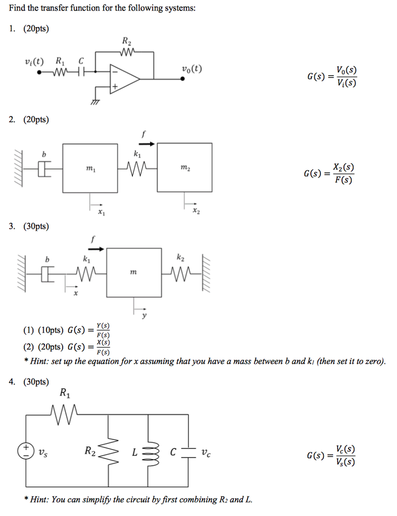 Solved Find The Transfer Function For The Following Systems Chegg