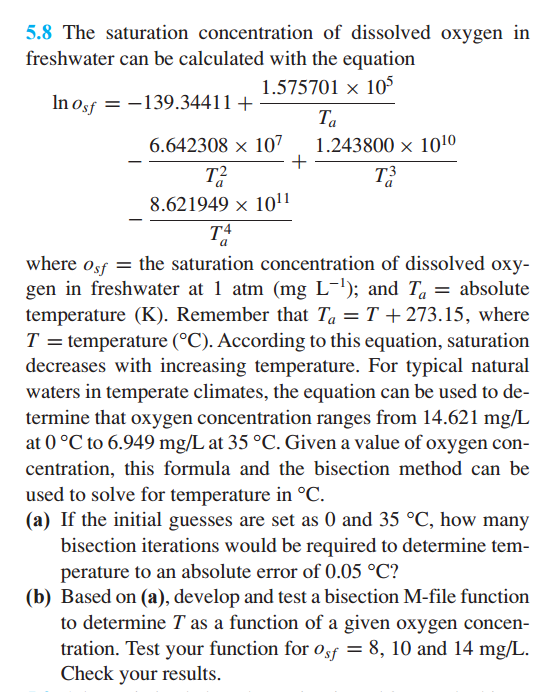 Solved The Saturation Concentration Of Dissolved Oxygen In Chegg