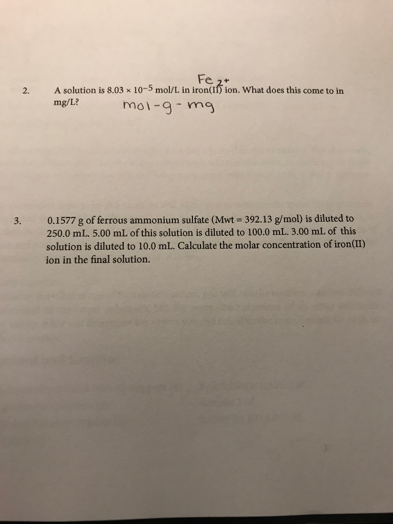 Solved Fe A Solution Is Mol L In Iron F Ion Chegg