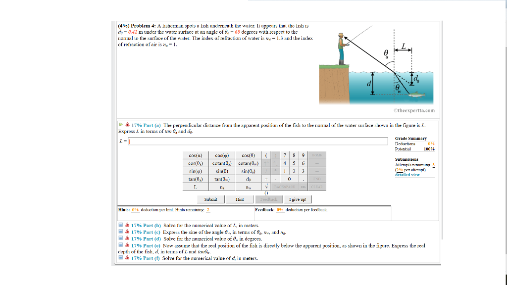 Solved Problem A Fisherman Spots A Fish Underneath Chegg