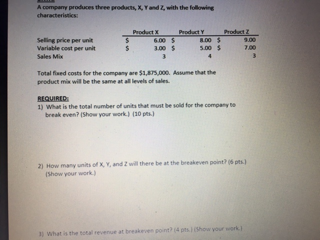 Solved A Company Produces Three Products X Y And Z With Chegg