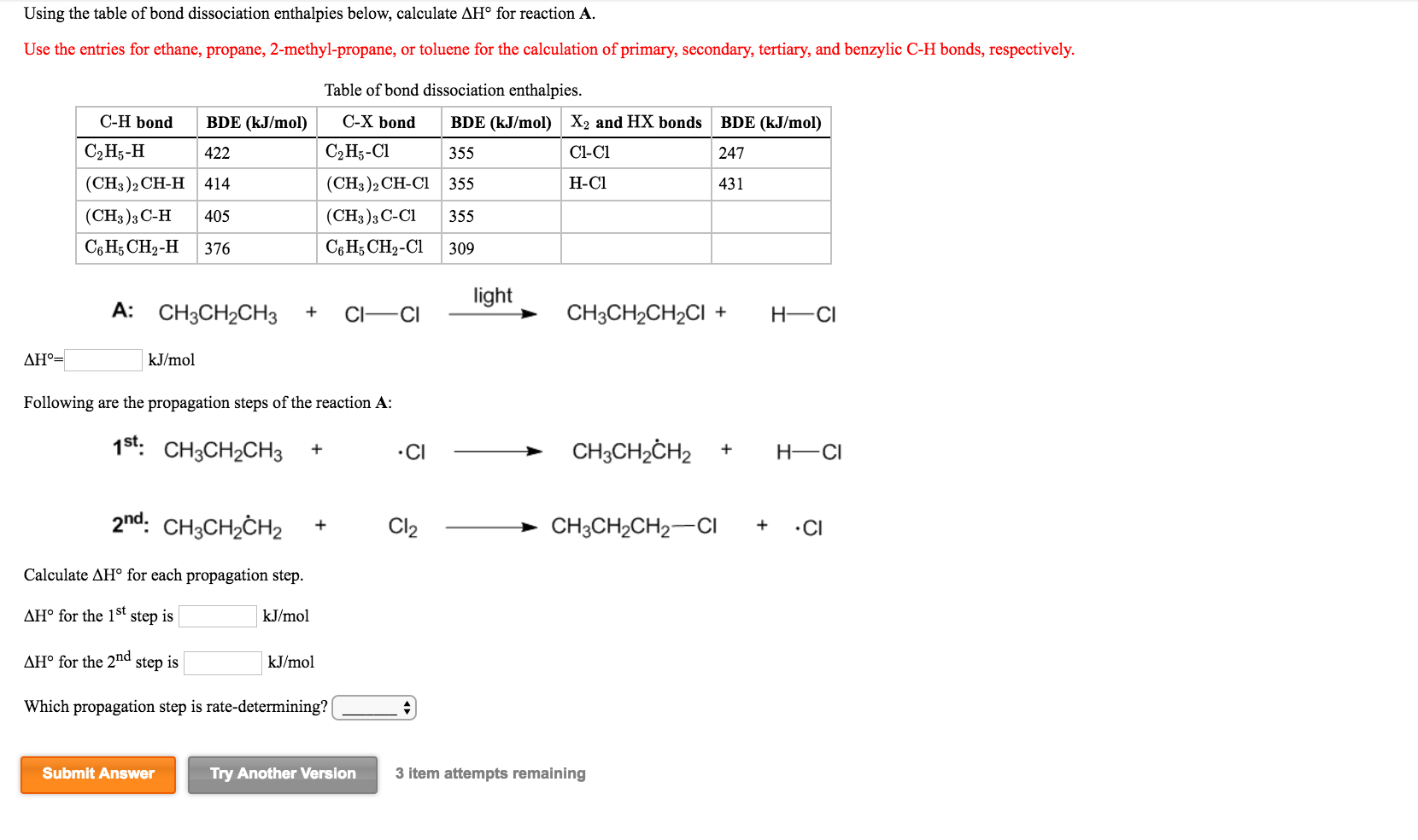 Solved Using The Table Of Bond Dissociation Enthalpies Chegg