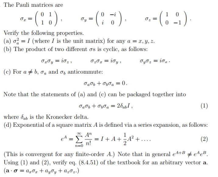 Solved The Pauli Matrices Are Verify The Following Chegg