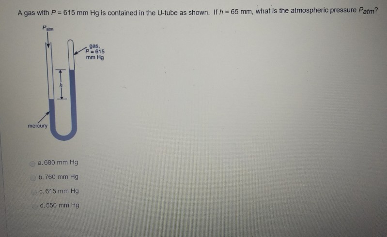 Solved A Gas With P Mm Hg Is Contained In The U Tube Chegg