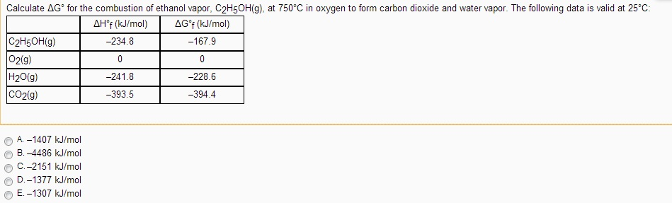 Solved Calculate AG: for the combustion of ethanol vapor. | Chegg.com