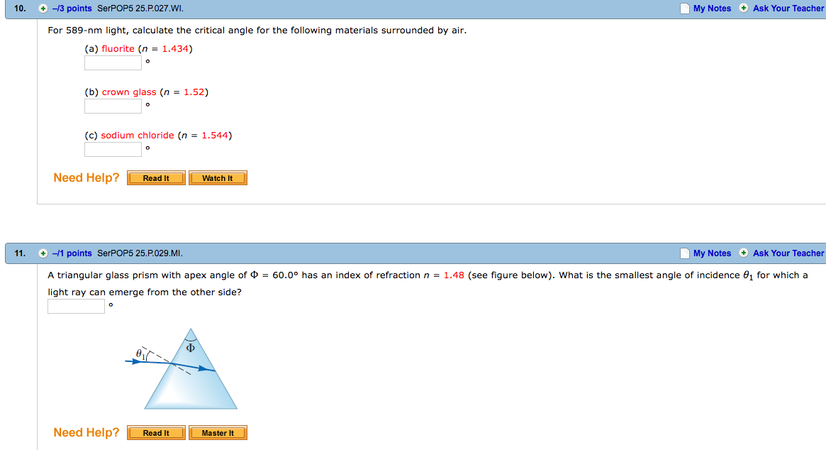 Solved For Nm Light Calculate The Critical Angle For Chegg