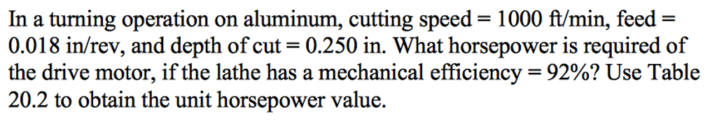 In A Turning Operation On Aluminum Cutting Speed Chegg