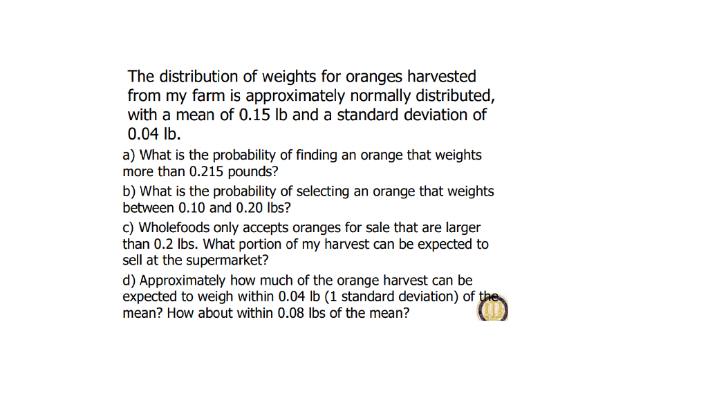 Solved The Distribution Of Weights For Oranges Harvested Chegg