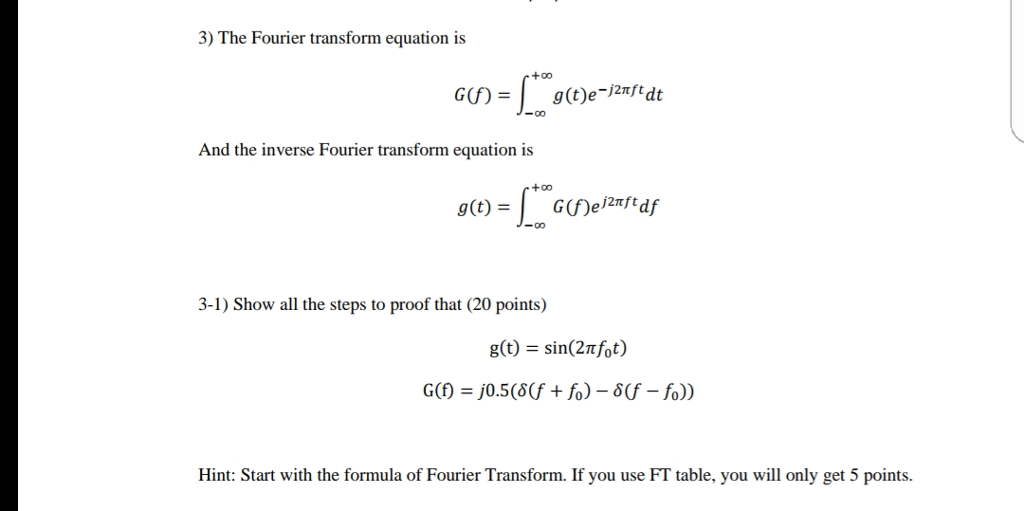 Solved 3 The Fourier Transform Equation Is G F And The Chegg