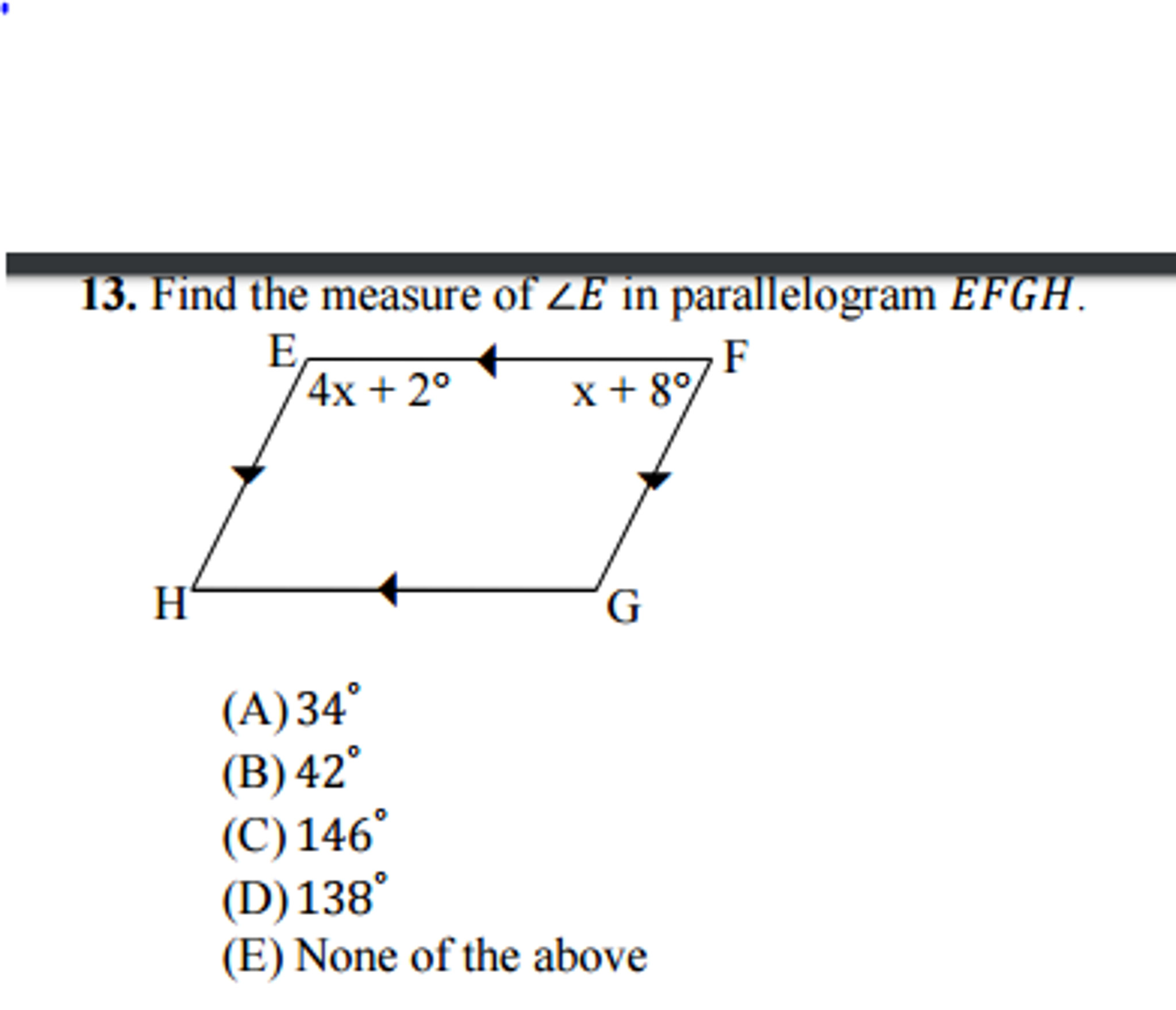 Solved Find The Measure Of ZE In Parallelogram EFGH 34 Chegg