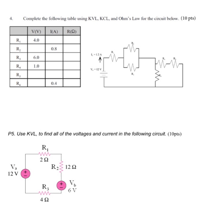 Solved Complete The Following Table Using Kvl Kcl And Chegg