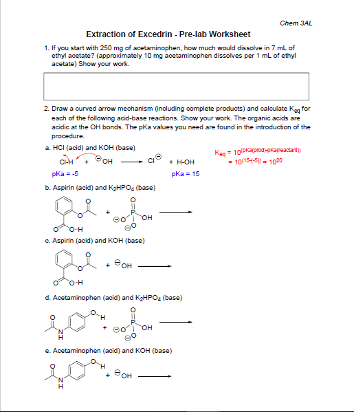 Solved Chem 3AL Extraction Of Excedrin Pre Lab Worksheet 1 Chegg