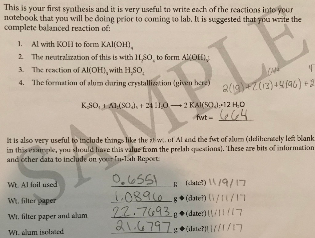 Solved Experiment Preparation Of Common Alum Post Lab Chegg