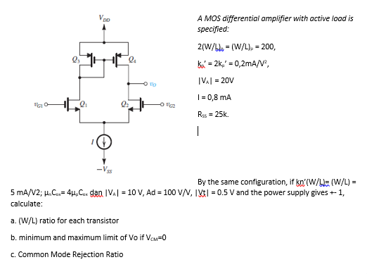 Solved Vdd A Mos Differential Amplifier With Active Load Is Chegg