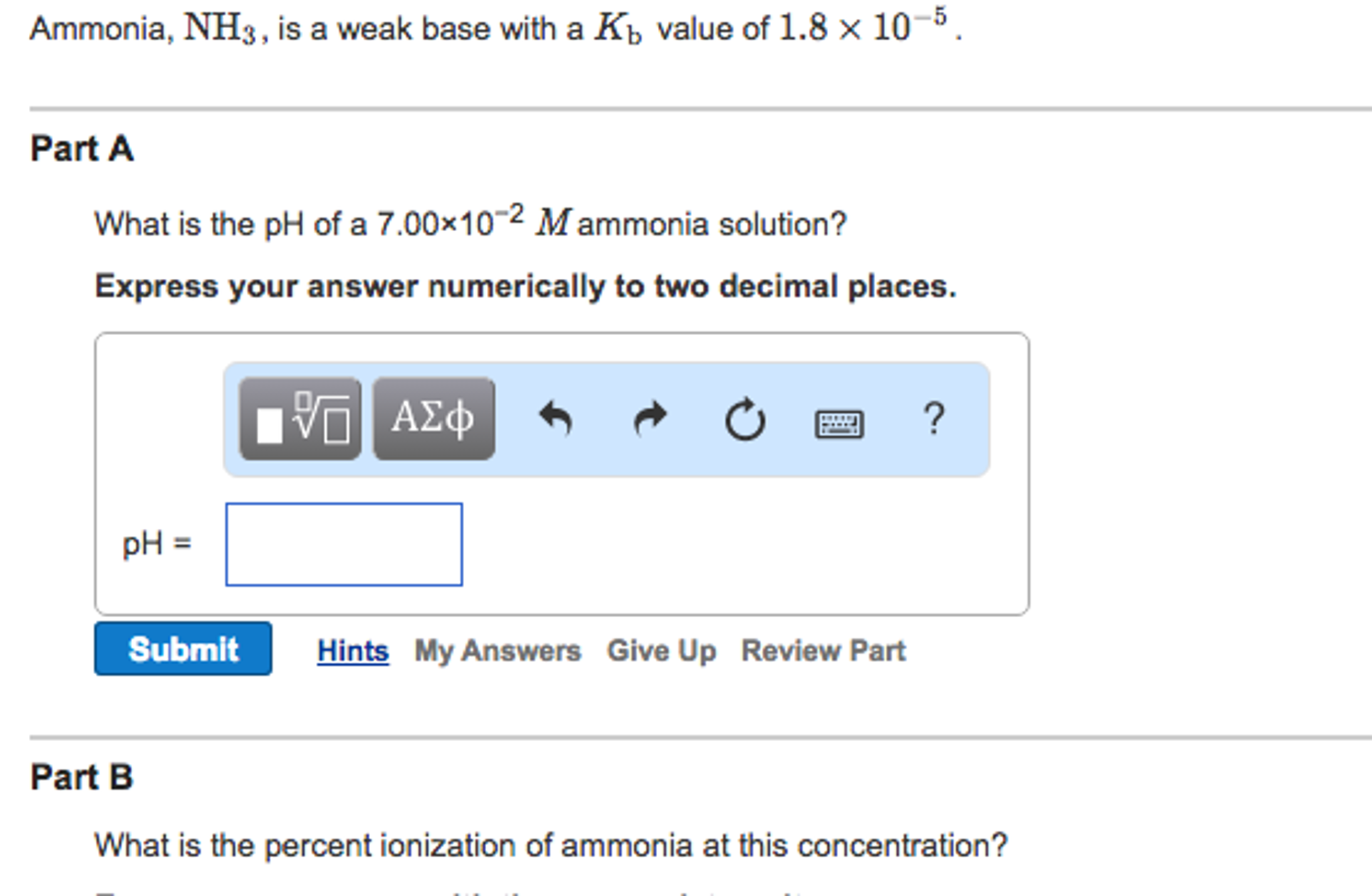 Solved Ammonia Nh Is A Weak Base With A K B Value Of Chegg