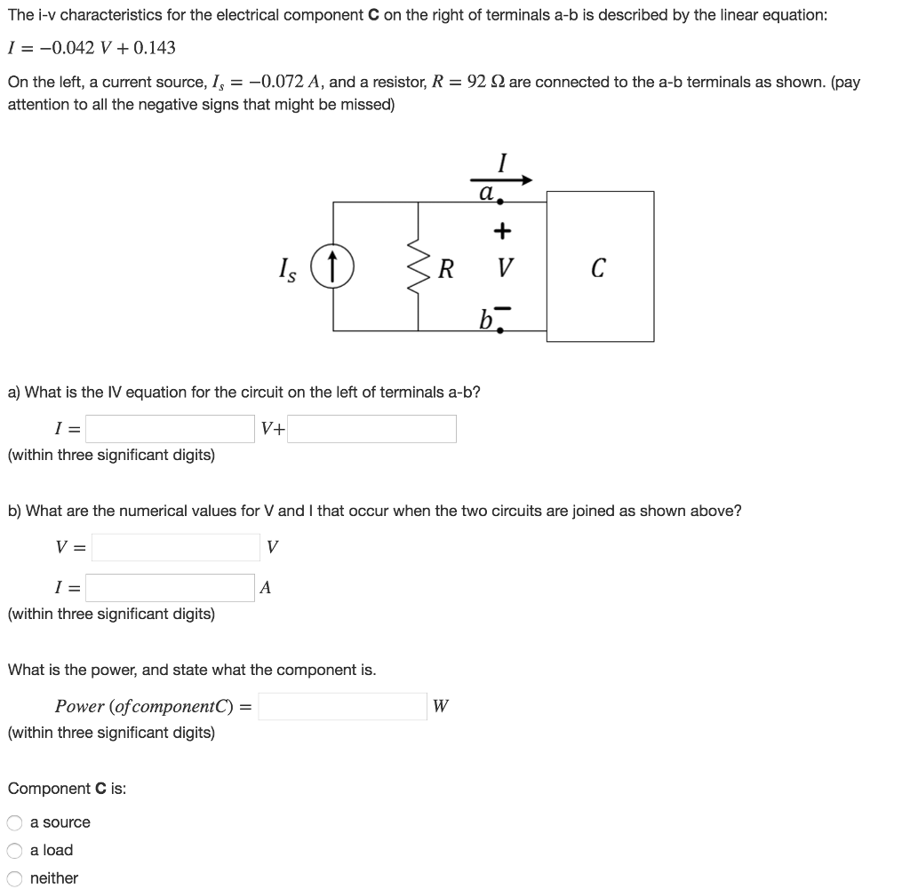 Solved The I V Characteristics For The Electrical Component Chegg