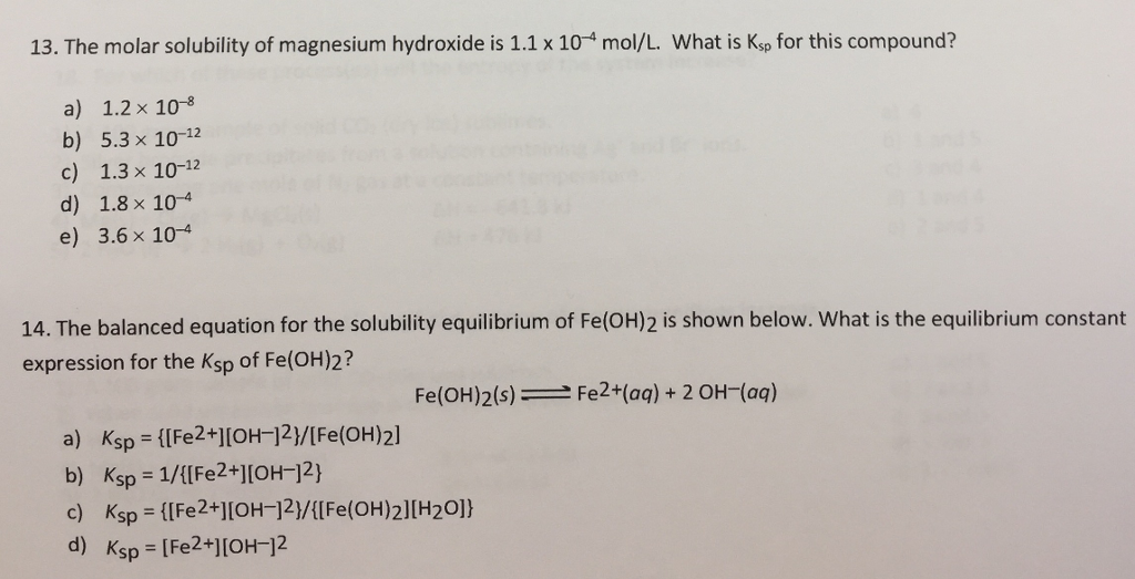 Solved The Molar Solubility Of Magnesium Hydroxide Is 1.1...