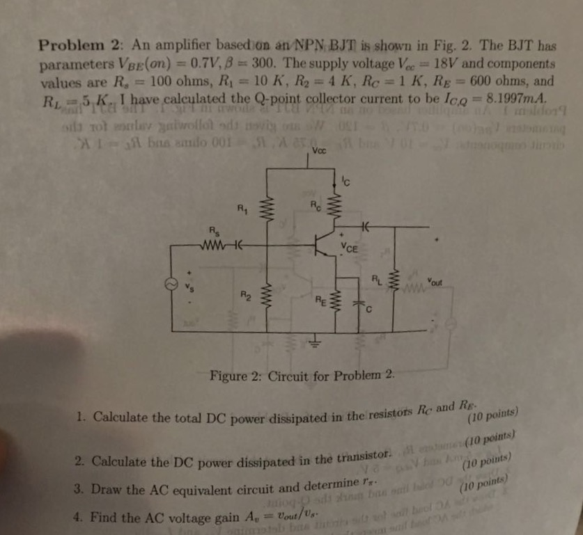 Solved An Amplifier Based On An NPN BJT Is Shown In Fig 2 Chegg