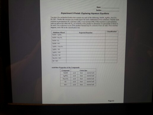 Experiment 9 Prelab Exploring Aqueous Equilibria You Chegg