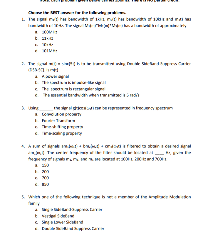 Solved Choose The BEST Answer For The Following Problems 1 Chegg