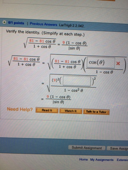 Solved Verify The Identity Simplify At Each Step Chegg