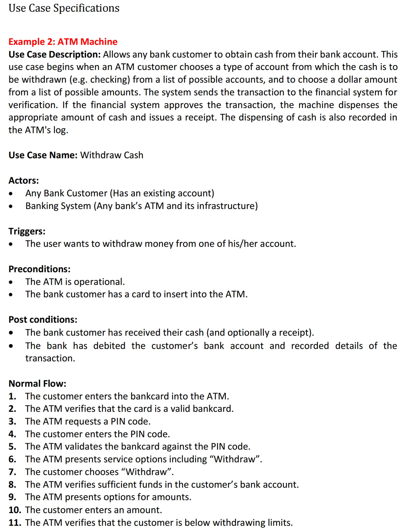 Solved: Use Case Specifications Example 2: ATM Machine Use... | Chegg.com