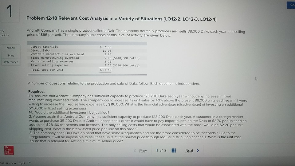 Ch Problem Relevant Cost Analysis In A Variety Chegg