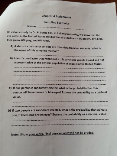 Solved Chapter 4 Assignment Sampling Eye Color Name Based Chegg