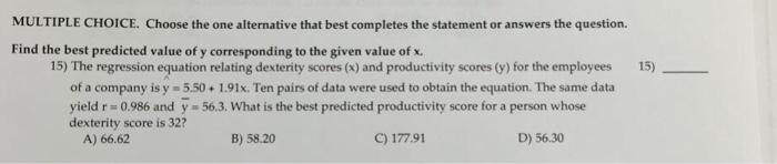 Solved Find The Best Predicted Value Of Y Corresponding To Chegg